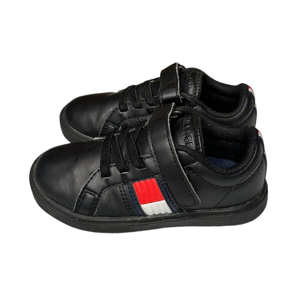 Tommy‎ Hilfiger Boys Kids Black Faux Leather Casual Sneakers Shoes Size 8